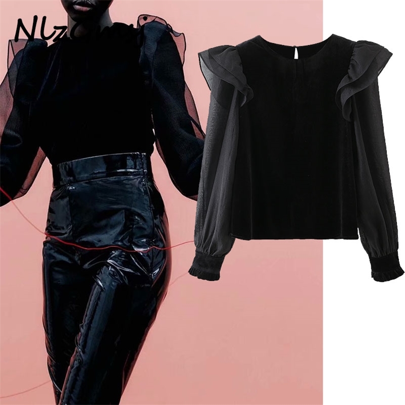 

Blouse Women Fashion Stitching Velvet Black Top Vintage O-neck Long Sleeve Shirt Ruffled Organza Elegant Blouses 210628, As picture
