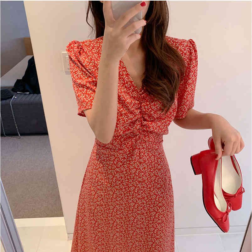 Plus size v neck Summer Girls Boho Party Female Vintage Dress Red floral Print Short Sleeve Women Dresses Robe Vestido 210417Z