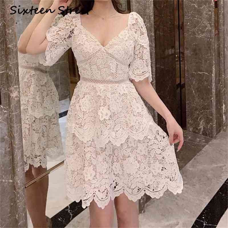 

Summer White Lace Dress Female Puff Sleeve V-neck Hollow Out Vestidos Runway Design Casual Party Woman Clothing 210603