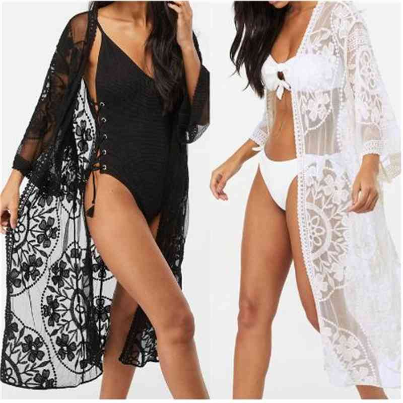 Women&#039;s Swimwear Lace Beach Pareo wear Swim suit Cover up Playa Tunics Kimono Women Embroidery Long Blouses Shirts 3OTR-image-693058673