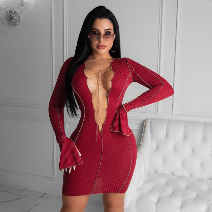 

2021 Spring Sexy Dress Womens Long Sleeve Dress Long-sleeved Party Club Dresses Fashion V-neck Tie Wear Solid Color Casual Skirt, Red