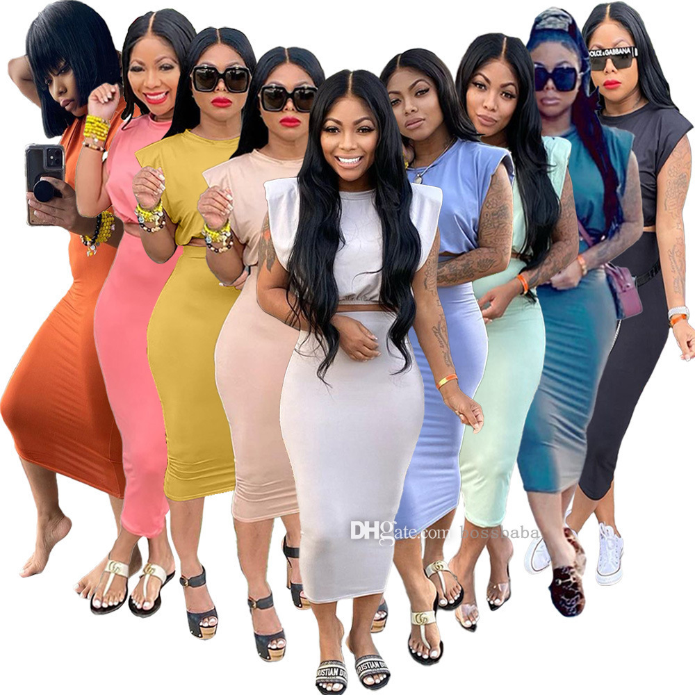 

Women Summer Two Piece Dress Sleeveless Shoulder Pad T-shirt One Step Skirt Versatile Fashion Casual Suit, Mix or leave a message