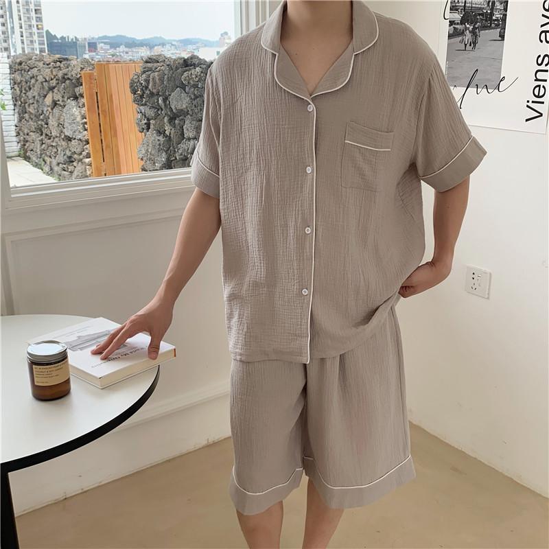 

Men's Sleepwear Summer Cotton Men Pajama Set Casual Homewear Short Sleeve 2 Piece Elastic Waist Shorts Korea Gauze, Black;brown