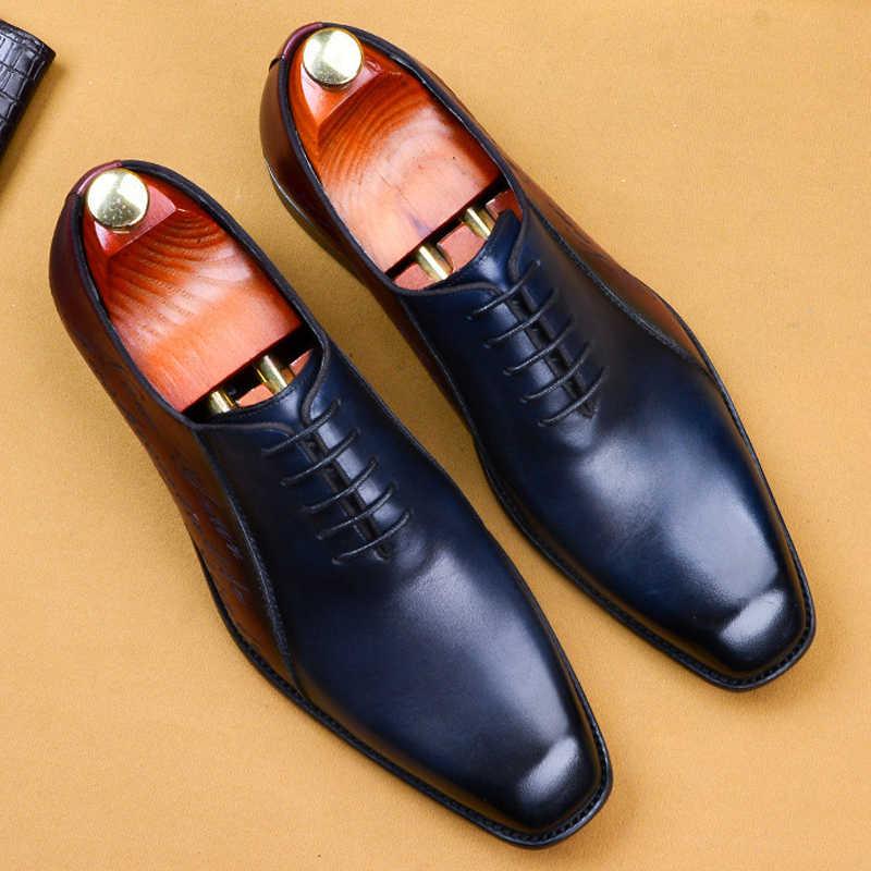 

Dress Shoes Lace Up Genuine Leather Mens Fashion Wedding Business Shoe Square Head Brown Blue Italian Formal Men Oxford