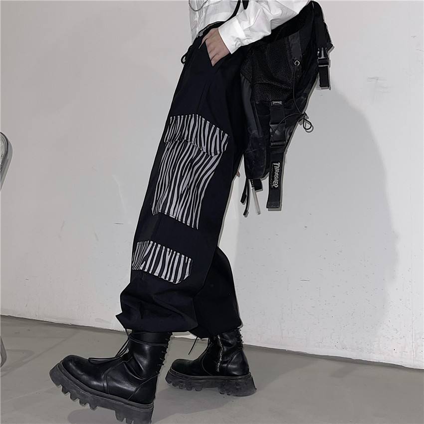 

QNPQYX New Autumn High Street Women Pants Zebra Pattern Stitching Hip Hop Overalls Lady Tide Brand Loose Straight Leggings Casual Pants, Black