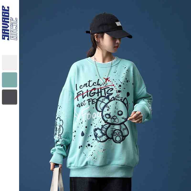 

Spring and autumn fashion brand hip hop graffiti bear round neck sweater men's loose large drop shoulder top, White