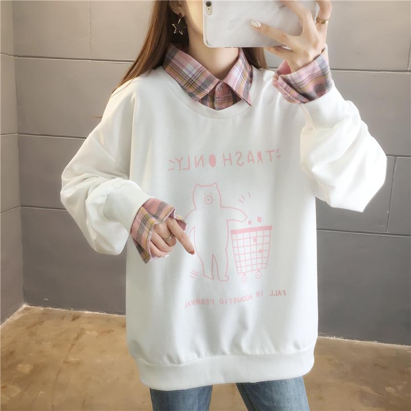 

Women's Hoodies & Sweatshirts 2021 Autumn And Winter Fake Two-piece Sweatshirt Loose Plaid Collar Color Matching Thickening Plus Fleece, Pink