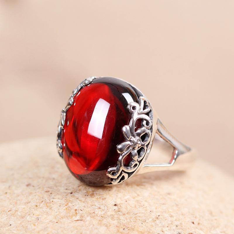 

Retro Thailand Silver Color Red Garnet Gemstone Ring For Women Green Jade Chalcedony Rings Jewelry S925 Wedding Anniversary Gift Cluster