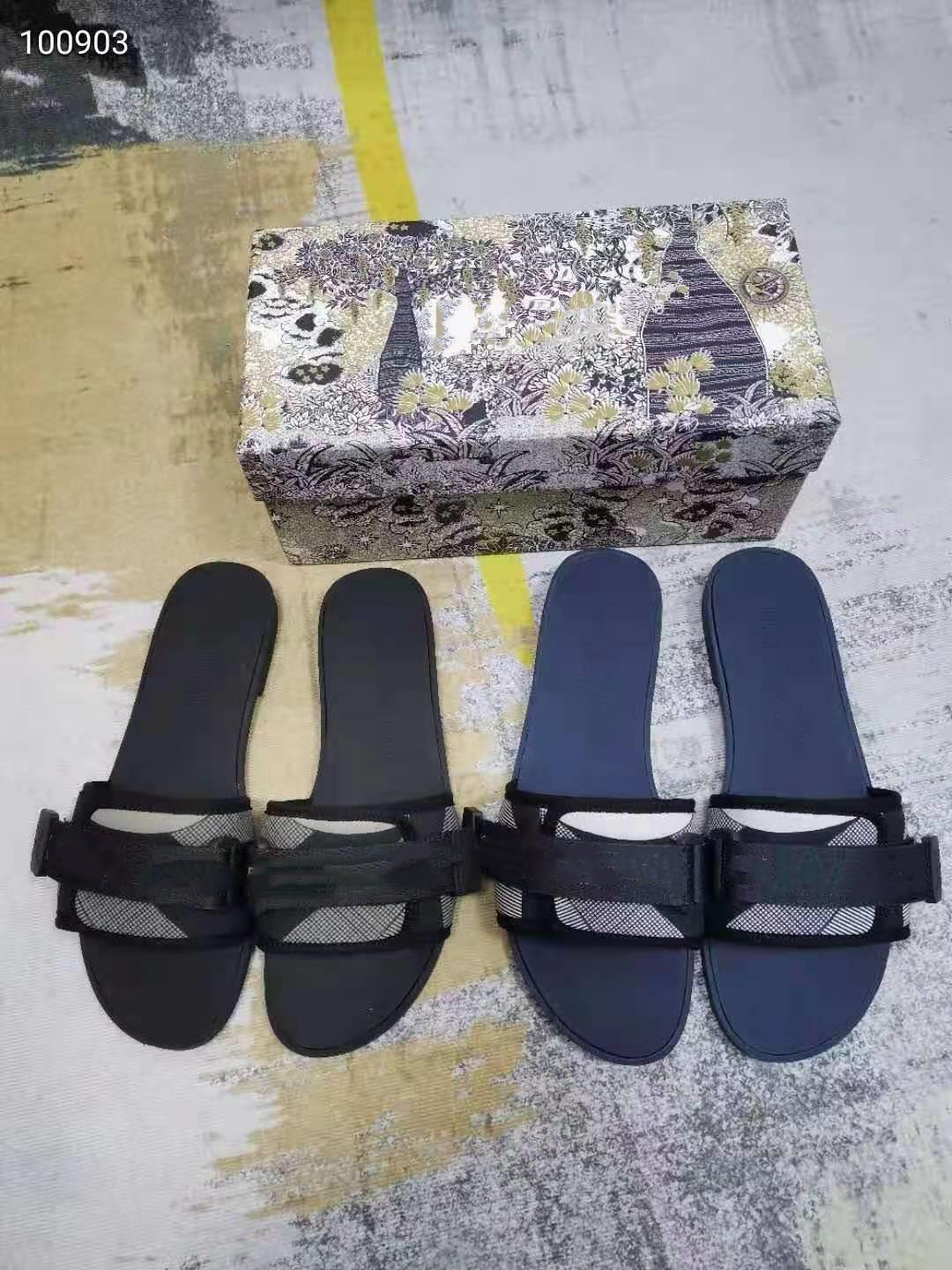 

2021 summer Early spring flip-flops with leather 35-40 black blue slippers flat letter sandals casual vacation outside wear women 35-42 sizes, Box