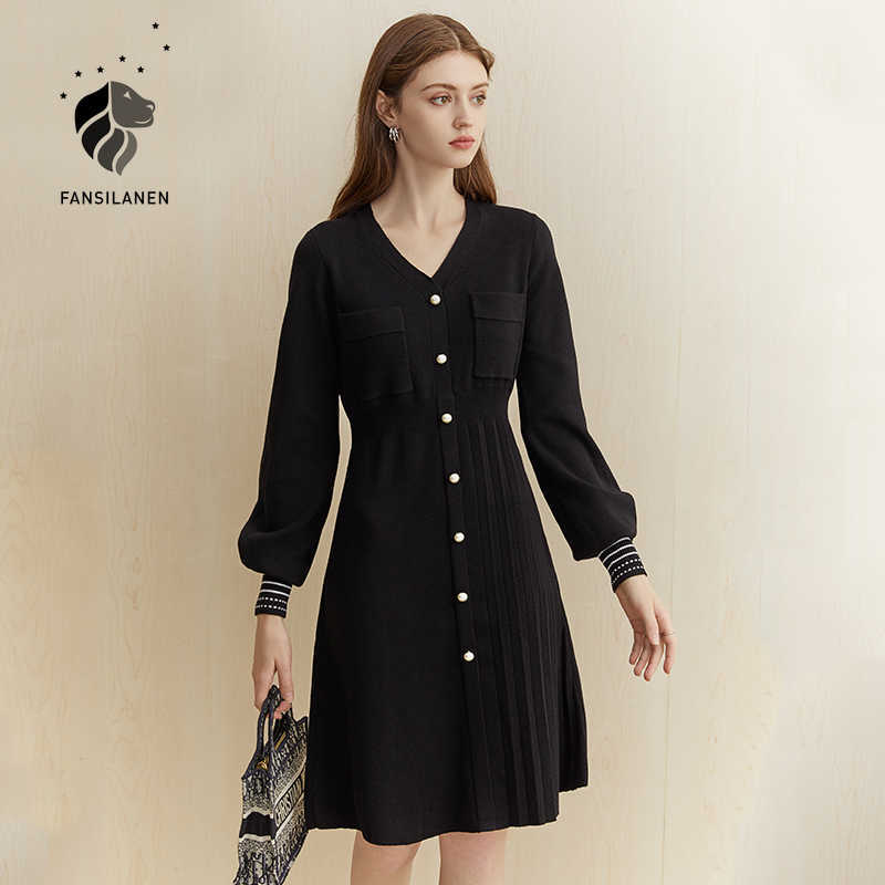 

FANSILANEN Vintage black pleated knitted sweater dress Women v neck slim elegant office Autumn winter female long 210607, Short khaki
