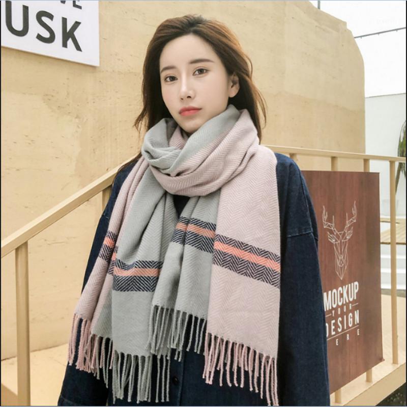 

Scarves 2021 Warm Winter Scarf Women Oversized Tartan Wrap Shawl Plaid Cozy Checked Pashmina Accesorios Mujer, Blue;gray