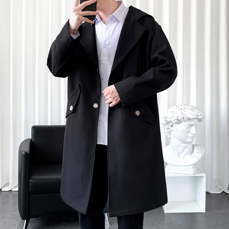 

Men's Trench Coats Autumn Jacke Long Coat Oversized Solid Color Windbreaker Big Pocket Fashion Overcoat, Tan;black