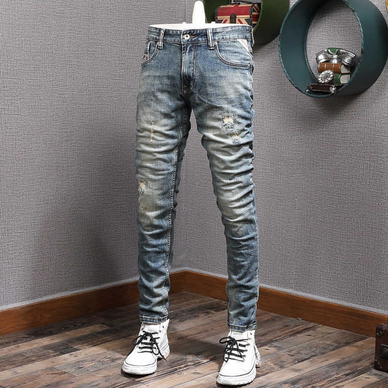 

Italian Style Fashion Men Jeans Retro Blue Elastic Slim Ripped Frayed Patchwork Vintage Designer Casual Denim Pants