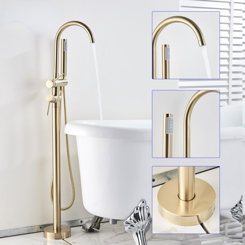 

Brushed gold Bathtub Floor Stand Faucet Mixer Single Handle Mixer Tap 360 Rotation Spout With ABS Handshower Bath Mixer Shower