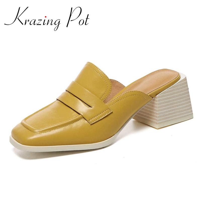 

Krazing Pot Genuine Leather Square Toe High Street Fashion Solid Simple Style British School Slip On Sandals Women Shoes L7f1 Dress, Black