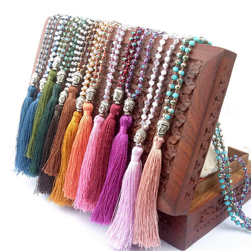 

Pendant Necklaces Fashion Long Fringe Silk Tassel Necklace Women Glass Bead Crystal Buddha Statement Vintage Bohemian Jewelry