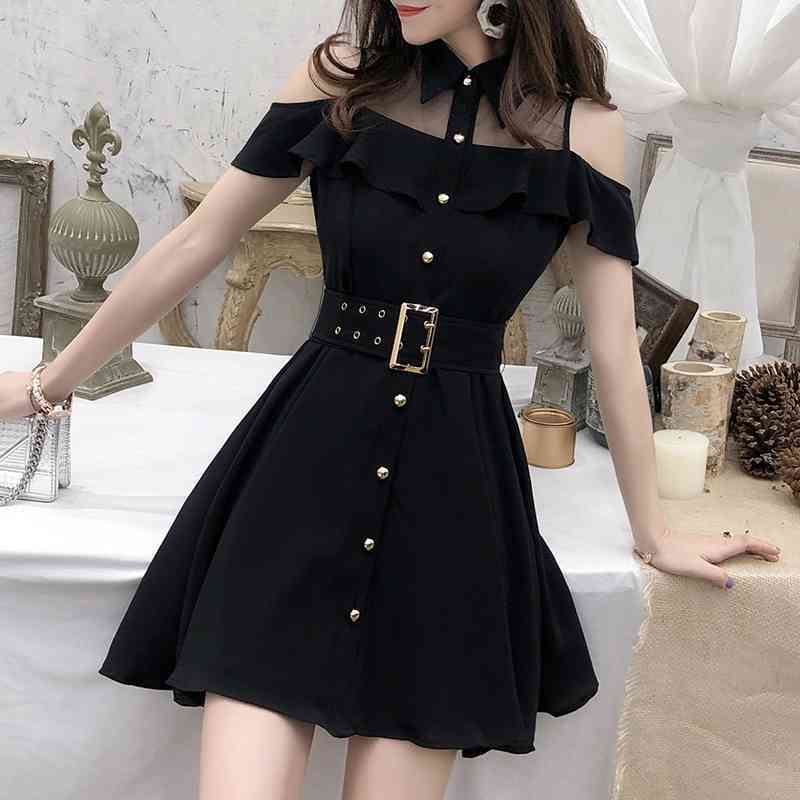 

Women Summer Single Breasted Black Shirt Dress Perspective Mesh Patchwork Buttertfly Sleeve Mini Dresses With Belt 210525