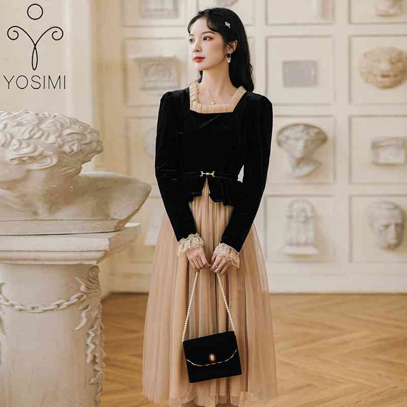 

YOSIMI Autumn Vintage Black Patchwork Khaki Mesh Fake Set Mid-calf Square Collar Long Sleeve Evening Party Women Dress 210604