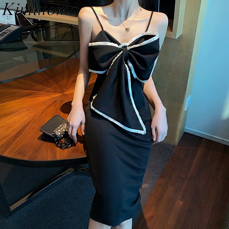 

Kimutomo Elegant Bow Dress Women Summer Korea Chic Ladies Off Shoulder High Waist Solid Sleeveless Party Vestidos 210521, Black