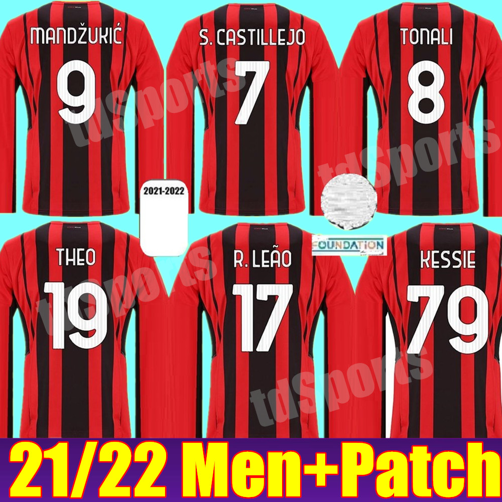 

adult Men AC Milan Long sleeve 21 22 soccer jerseys IBRAHIMOVIC PAQUETA BENNACER TONALI ROMAGNOLI jersey 2021 2022 CALHANOGLU REBIC football shirt, Home+league patch