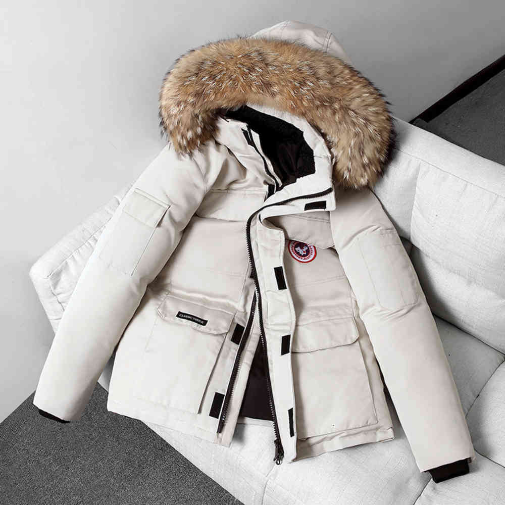 

Off season down jacket autumn and winter Canadian couple outdoor work clothes new wool collar thickened goose coat men's, Black