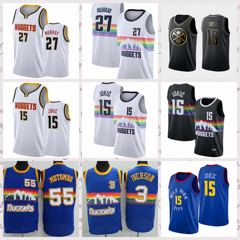 

2021 Vintage Men Retro Basketball Jersey Nikola#132;15#132;Jokic Shirts Jamal#132;27#132;Murray Breathable Shorts Black blue Red white Size S-2XL, Black;red