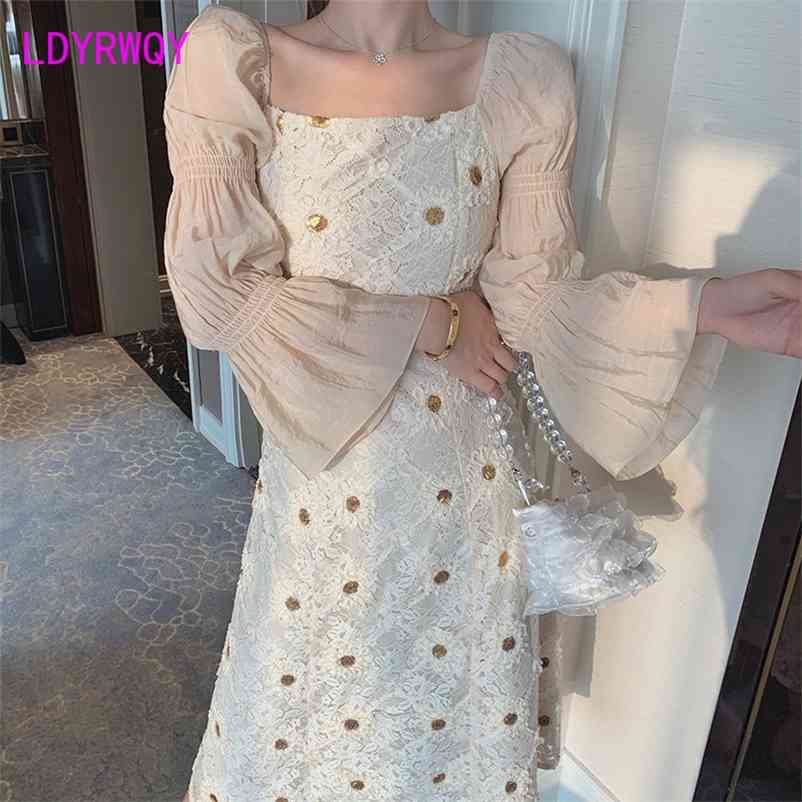

LDYRWQY flared sleeve dress with high waist Knee-Length Regular Lace Office Lady 210603, Beige