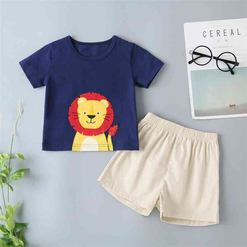 

Summer Children Sets Casual Cute Short Sleeve O Neck Print Lion T-shirt Apricot Shorts Boy Clothes 2T-6T 210629, Blue