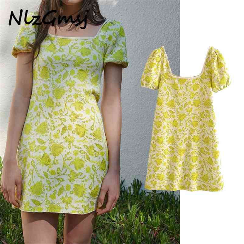 

Dres summer style women' sweet temperament square neck puff sleeve jacquard knitted dress 04 210628, As picture