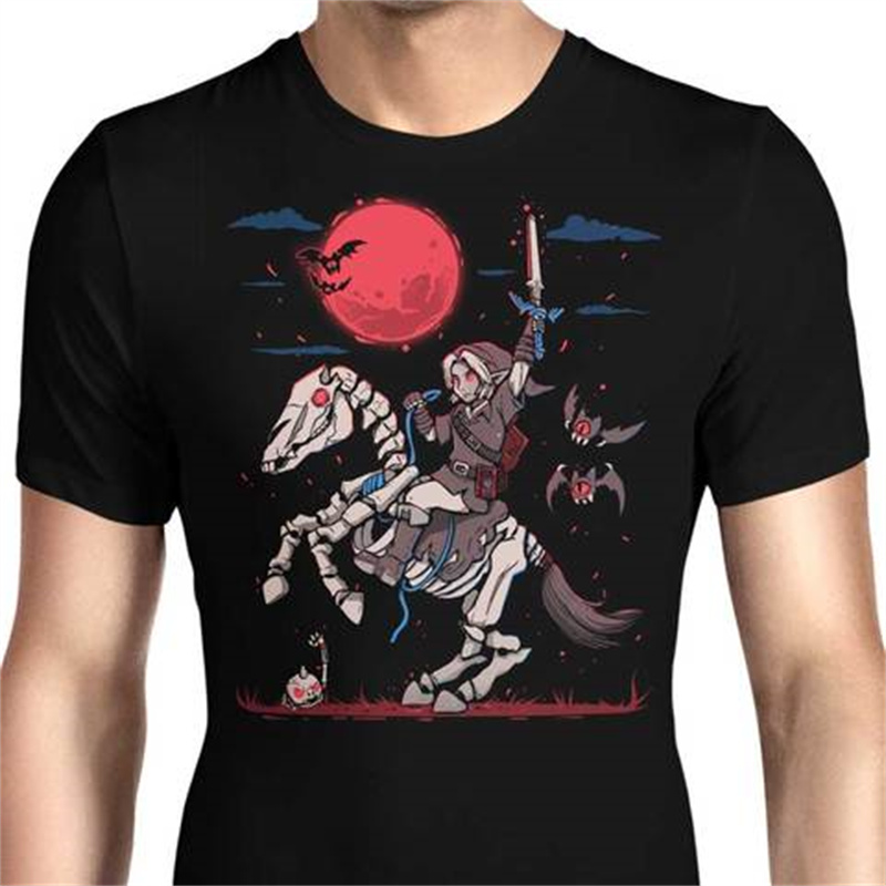 

Fashion cartoon bone horse print pattern round neck short-sleeved T-shirt for men and women, comfortable and loose leisure, White;black