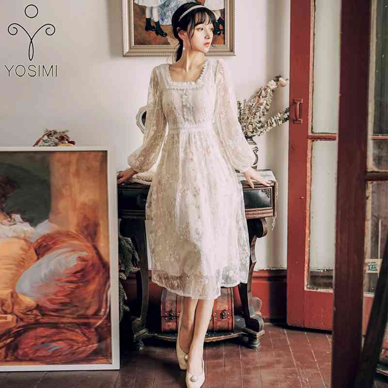 

YOSIMI Summer Mesh Floral Embroidery Long Women Dress Square Collar Sleeve Fit and Flare Mid-Calf Party Ladies 210604, Blue