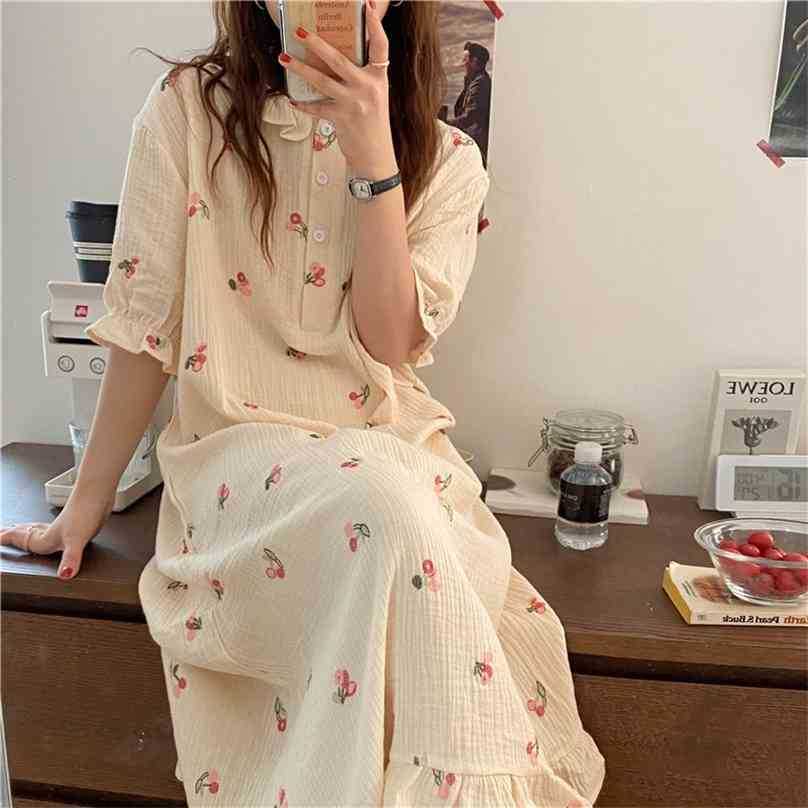 

Summer Dress Long Embroidery Pajamas Sweet Nightdress Printing Chic Casual Homewear Loose Two Piece Suit Sets 210525, Pink