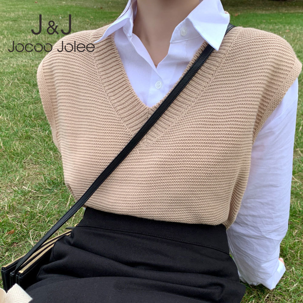 

Jocoo Jolee Women Sleeveless Korean Style Outwear Elegant V Neck Knitted Sweater Vest Autumn Harajuku Waistcoat Vintage Pullover 210518, As photo