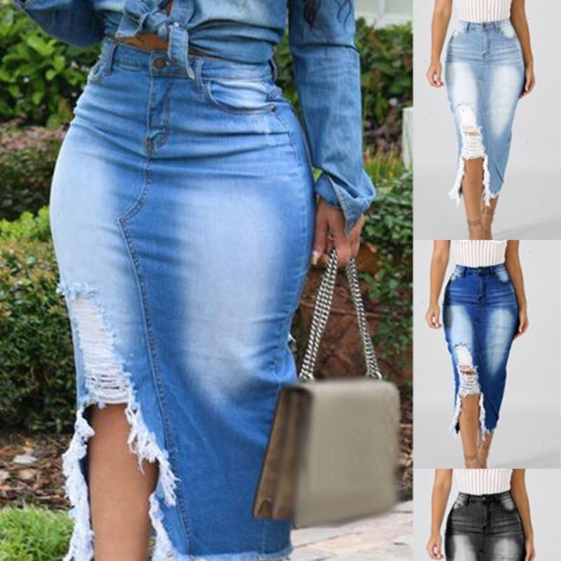 

sales fashion high waist women skirts ripped split denim distressed jeans bodycon long skirt wholesale dropshipping, Black