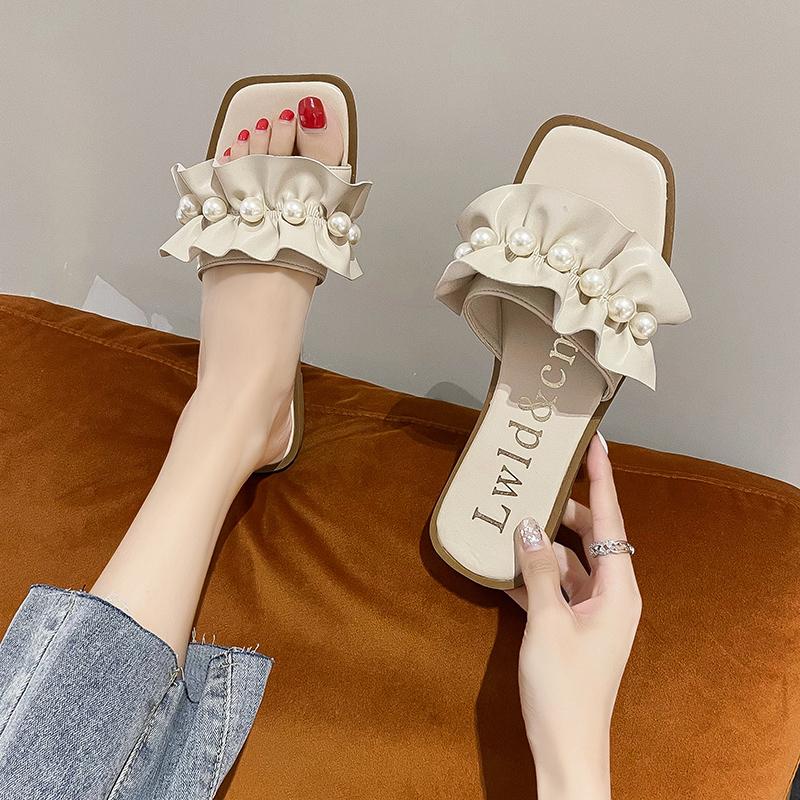 

Slippers Summer Women Ruffles String Bead Pearl Flat Elegant Outdoor Slides Rubber Sole Footwear Comfortable Ladies Shoes Female, Apricot