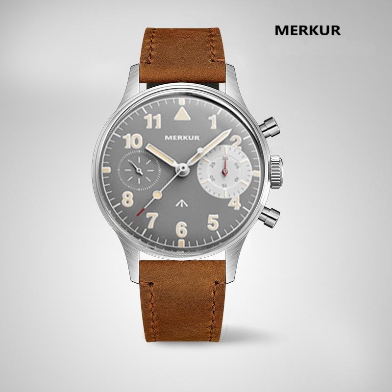 

Wristwatches Chronograph Mechanical Seagull TY2901 MERKUR First Colabs Product Flieger Watch Vintage Big Eye Watches 38mm, Leather grey