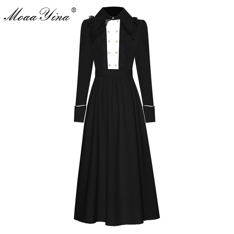 

Fashion Designer dress Spring Autumn Women's Dress Lace turn-down collar Double breasted Long sleeve Elegant Dresses 210524, Pink