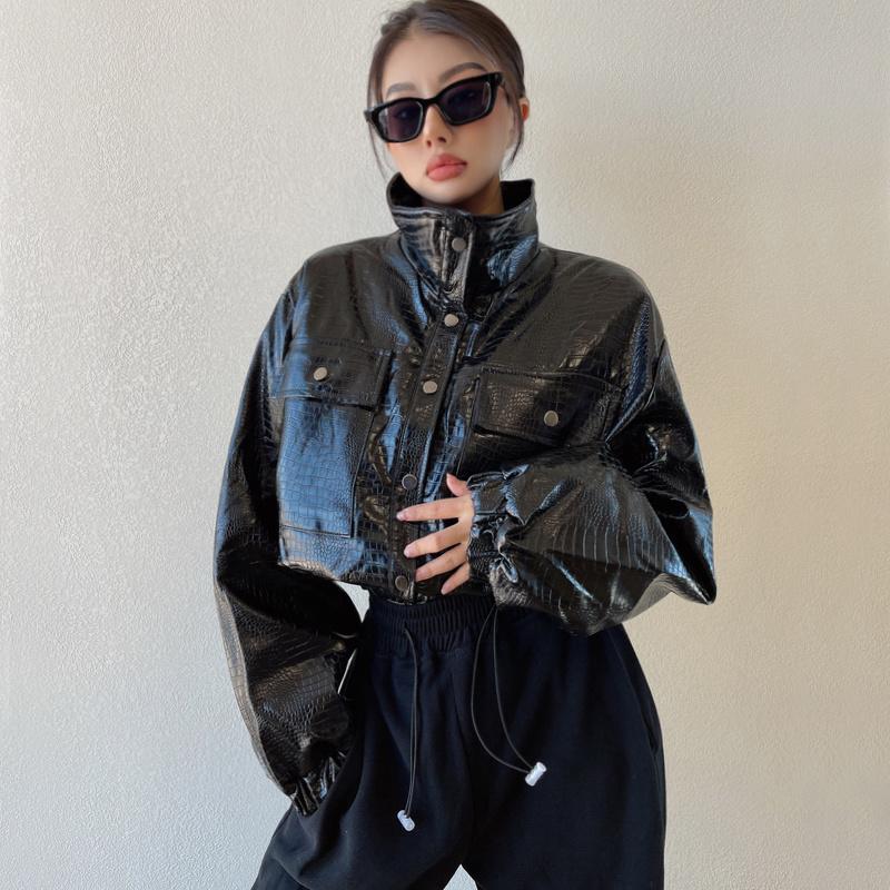 

Women's Leather & Faux Women Pockets Detail Padded Jacket In Fleck Y009, Black