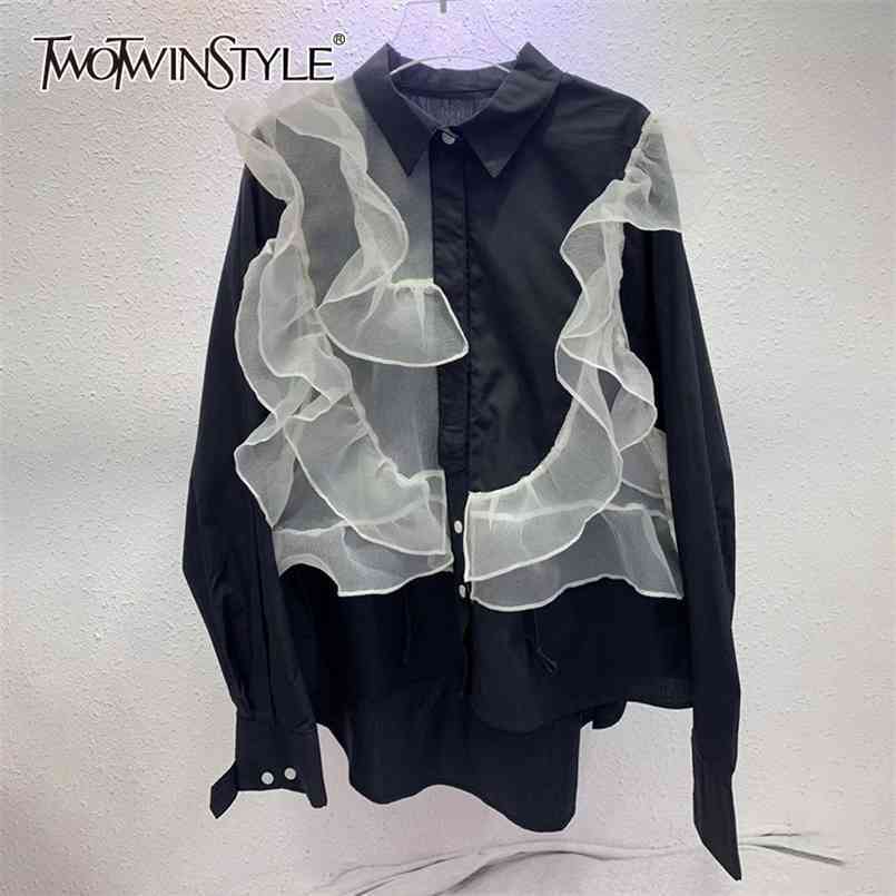 

Hit Color Patchwork Mesh Shirts For Women Lapel Long Sleeve Casual Straight Blouses Female Spring Fashion 210524, White