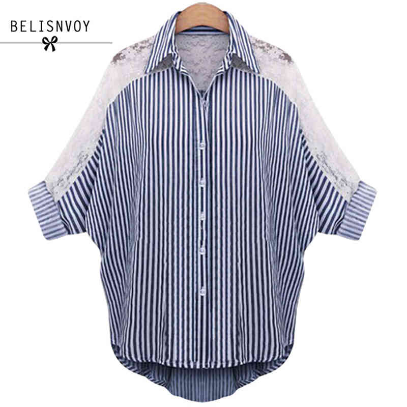 

L-5XL  Plus Size Women Clothing Autumn Blouses Lace Shirt Turn Down Collar Striped Female Batwing Sleeve Tops Blusas 210520, Blue