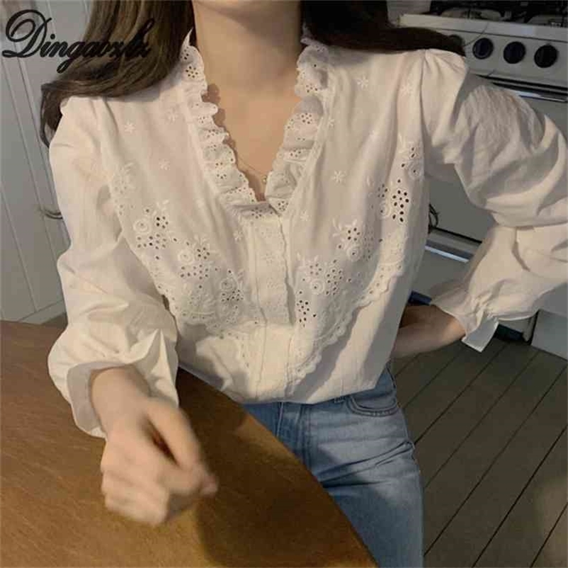 

Dingaozlz Spring Retro White shirt Womens tops and blouses V-neck long-sleeved Hollow out lace Tops Blusa 210517