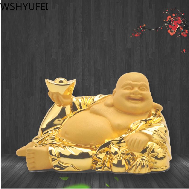 

Decorative Objects & Figurines Gold Laughing Buddha Resin Statue Maitreya Sculpture Ornaments Home Car Bedroom Garden Decoration Statues