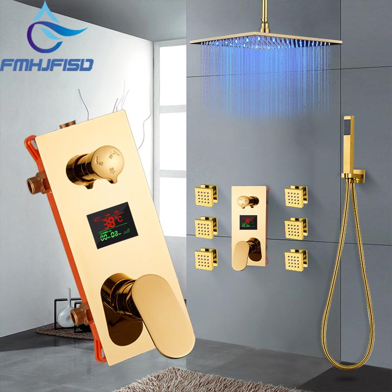 

Gold Bath Shower Faucet Digital Display Sets Embedded Box Triple Valve Body SPA Massage Jets Nozzle LED Head Bathroom