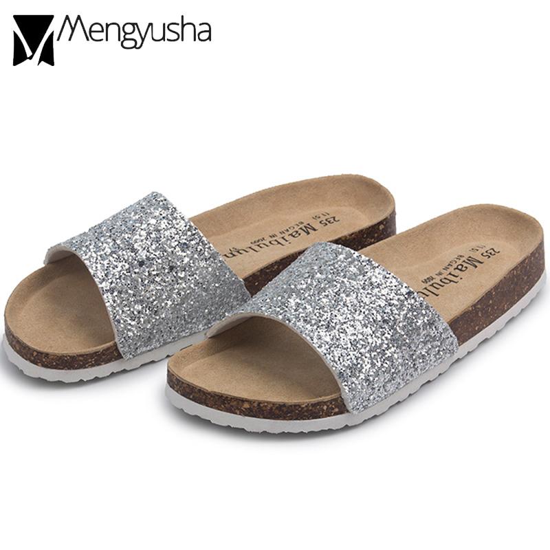 

Bling Cork Slippers Women Soft Bottom Open Toe Beach Slides Lady Flat Heel Slip On Shoes Brief Comfort Flip Flops, Black