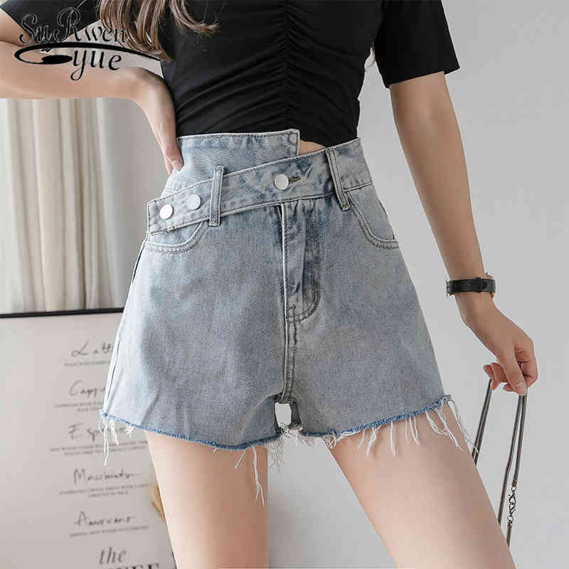 

High Waist Shorts Women Summer Female Blue Jean Denim for Wide Leg Vintage Irregular 8942 50 210521