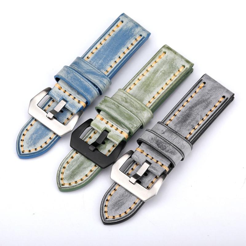 

Watch Bands Hand Polished Leather Watchband 20 22 24MM Black Blue Green Strap Suitable For PAM111 441 Military WatchStrap