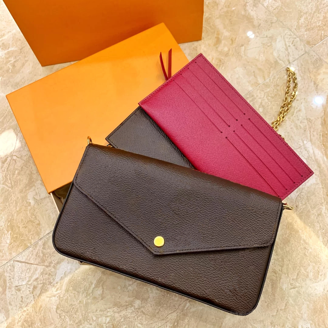 

Luxurys Designers Shoulder Bags Pochette Felicie Vintage Women Handbags Purse Lady Tote Coin Clutch Crossbody Messenger 3 Piece/set M61276, Brown letter pink inside