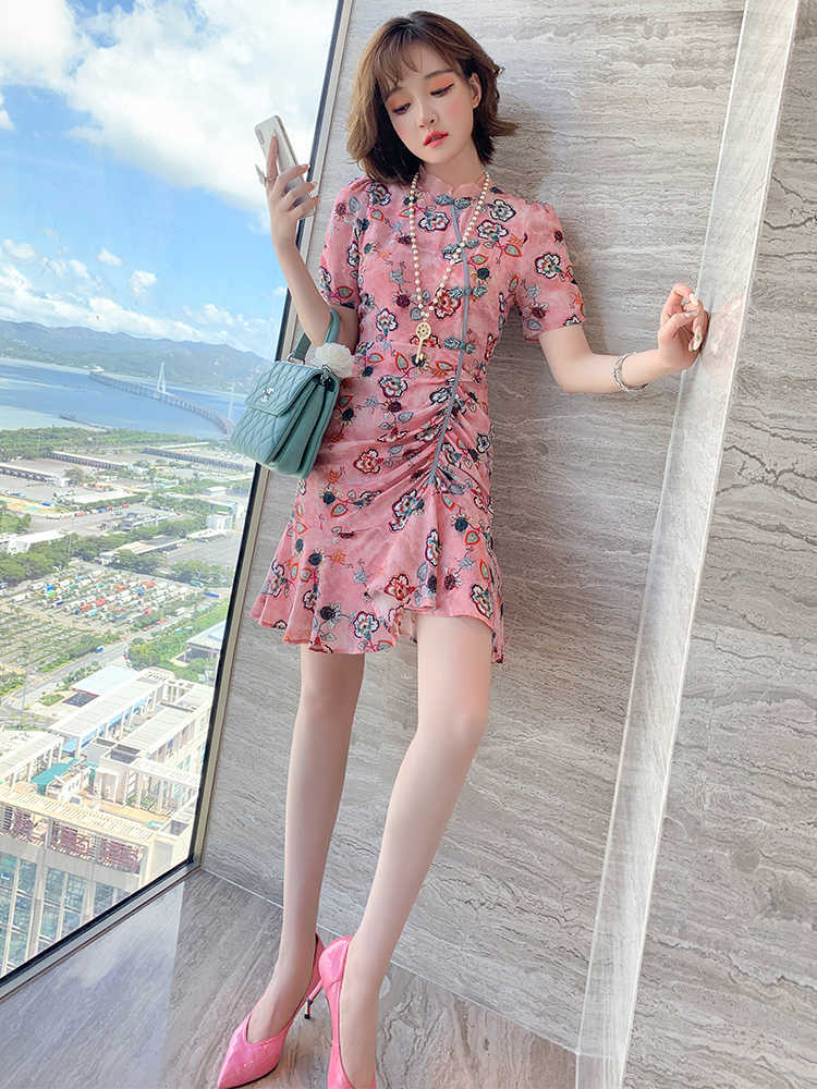 

Chinese style collar buckle printed waist fold irregular dress female summer Sheath Office Lady 210603, Mixed