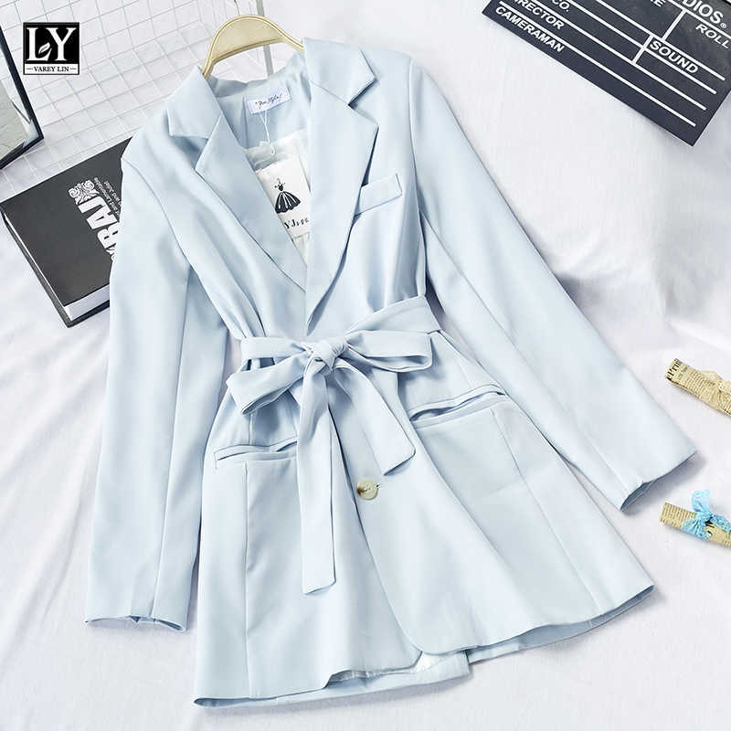 

LY VAREY LIN Autumn Winter Women Suit Jackets Tailored Collar Sashes Tie Up Pockets Single Breasted Blue Slim Outerwear 210526, Black