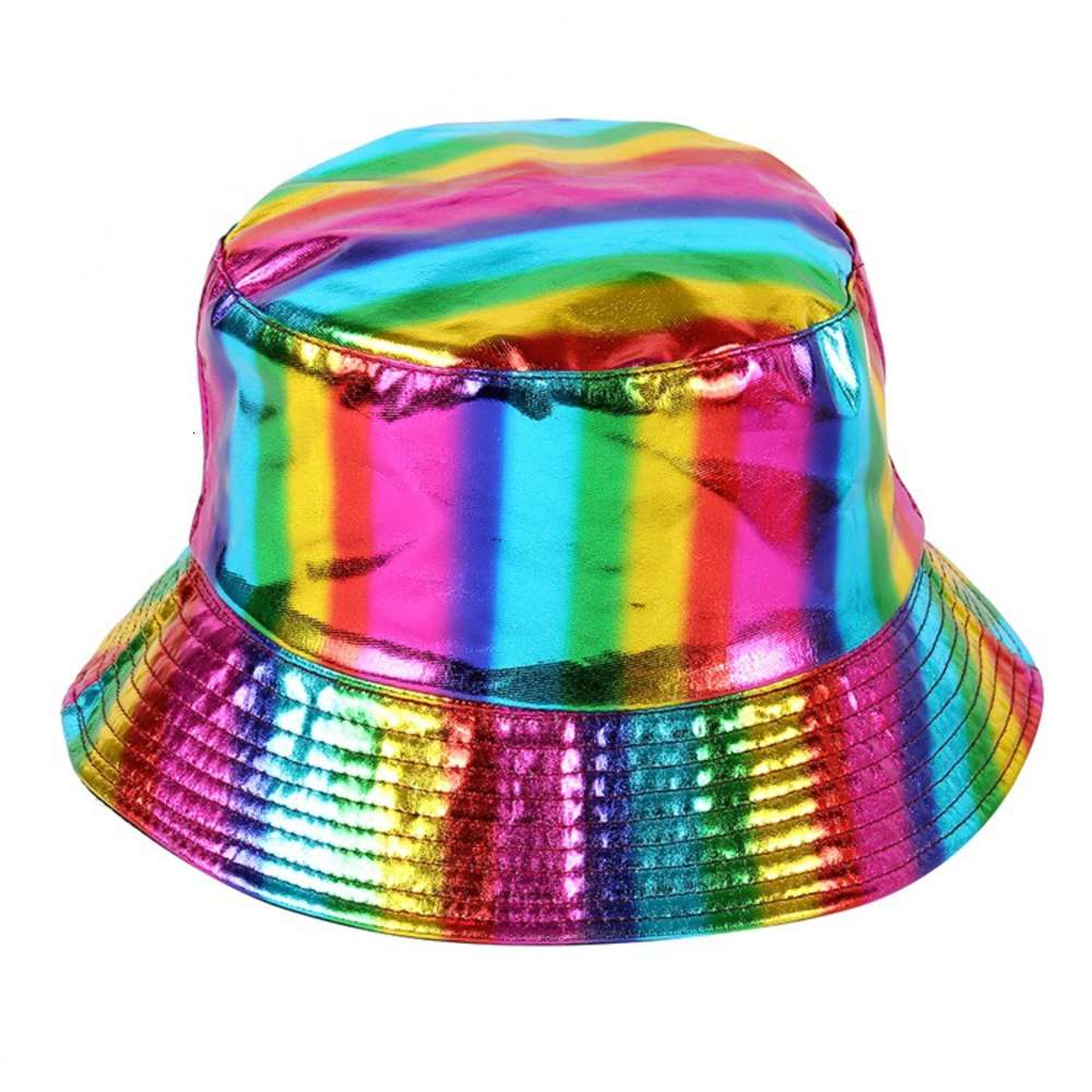 

Stingy Brim Hats Autumn two sides wear colorful reflective rainbow basin fashion men and women stage performance fisherman's hat, Blue;gray